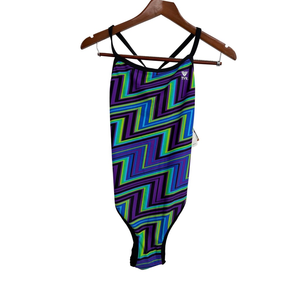TYR Reversible Jolt Diamondback Swimsuit Womens 38 Purple Blue Zigzag Black NEW